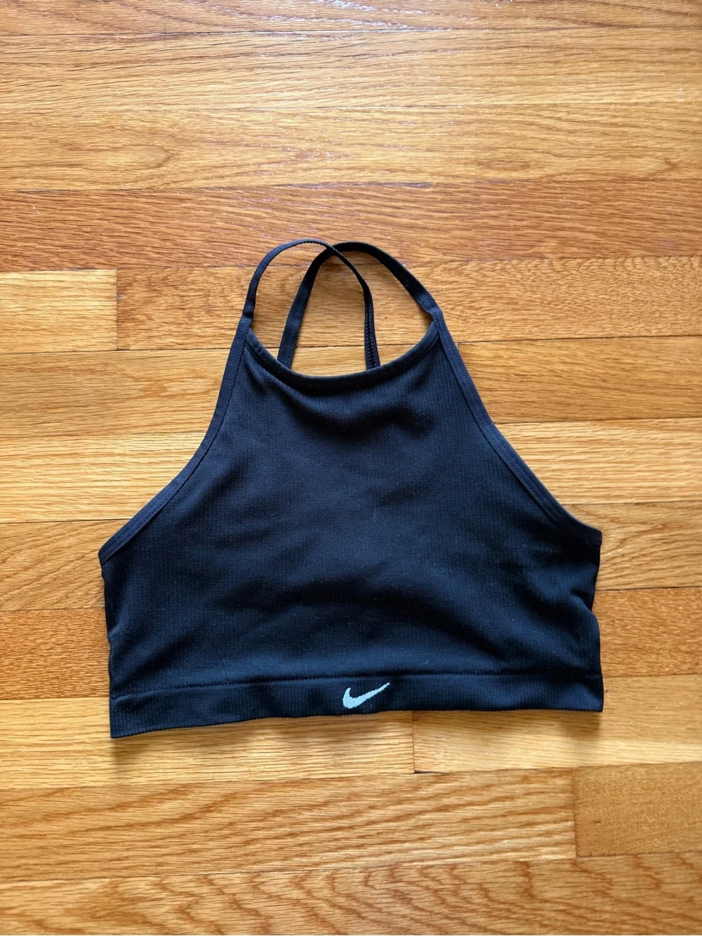 Nike Black High-Neck Ribbed Sports Bralette with White Swoosh